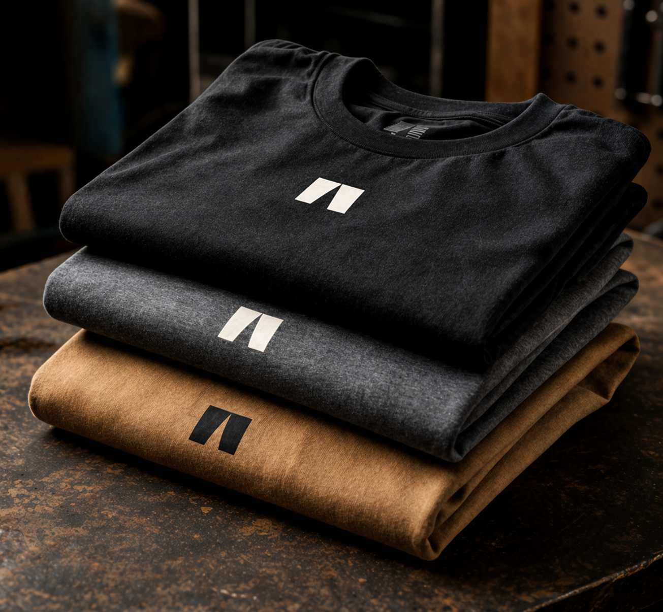 PITWORX core tee stack — black, charcoal, work tan